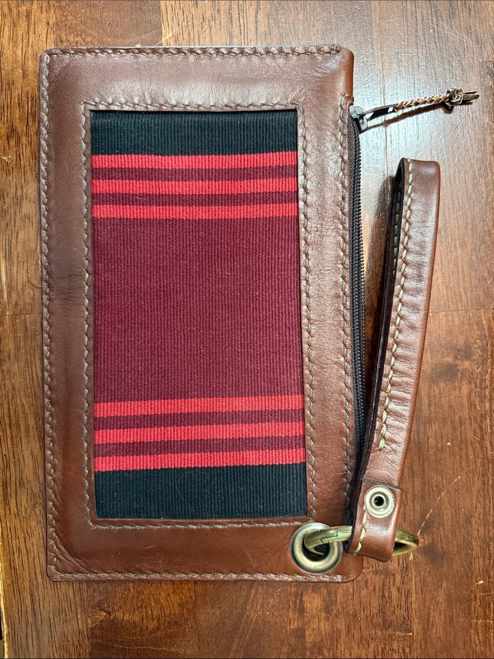 Brown Leather Wristlet Clutch with Burgundy and Red Stripe Panel